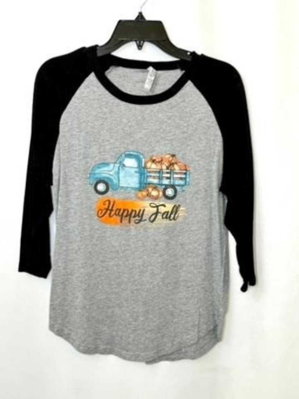 Cotton Heritage Happy Fall Raglan Shirt Womens Small Gray Black 3/4 Sleeve